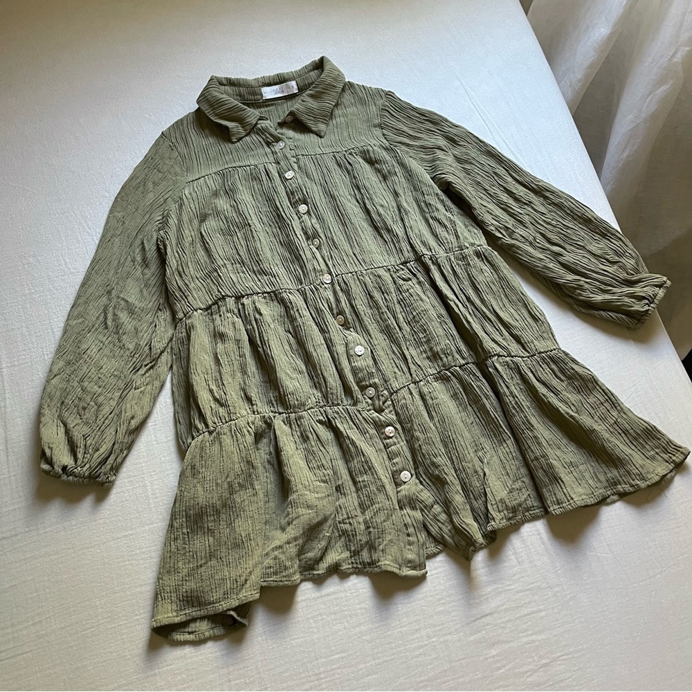 Talulah olive army‎ gauze tiered button down long puff sleeve mini dress/tunic